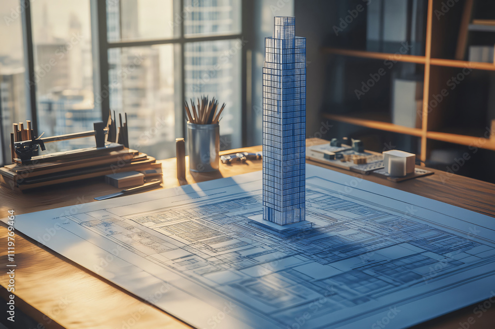 Poster scale model of a skyscraper standing on a blueprint in an architect's office, showcasing architectur