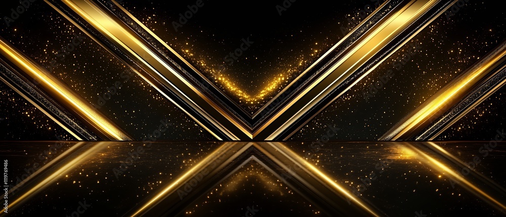 Poster gold and black banner with a shiny, glittery appearance. the banner is rectangular in shape and has 