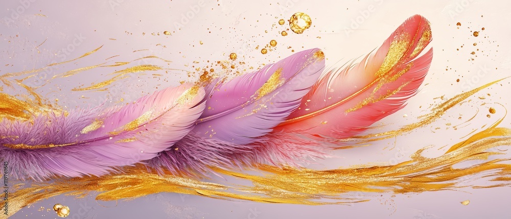 Poster gold and purple feathery design with a gold background. the feathers are in different colors and are