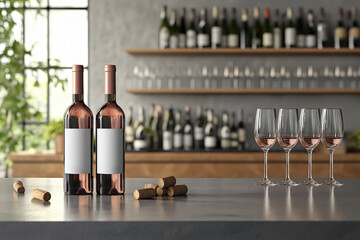 Rose wine bottles with customizable labels and filled glasses on a bar counter, creating a sophisticated ambiance