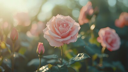 A Pink Rose Blooms In The Golden Sunlight