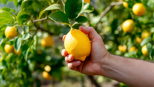 Hand picking fresh lemon from tree branch with green leaves. Close-up view of ripe fruit harvest. Organic farming and agriculture concept. Selective focus.