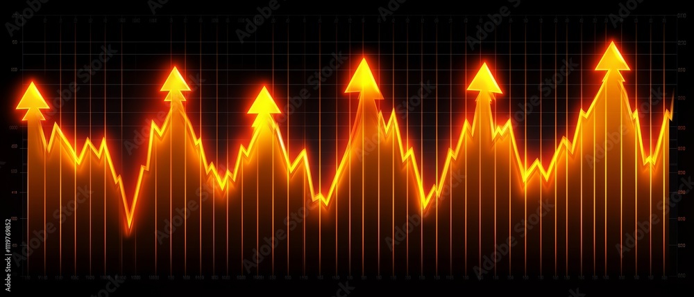 Poster graph with a series of upward arrows. the graph is orange and he is showing a trend or increase in s