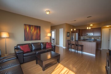 Cozy and Modern Living Room with Stylish Decor and Open Kitchen Concept, Ideal for Apartment or Home Interior Design Inspiration