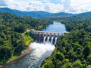 Aerial View of a Modern Hydroelectric Dam Surrounded by Lush Green Forests and Mountains Under a Bright Blue Sky with Dynamic Water Flow