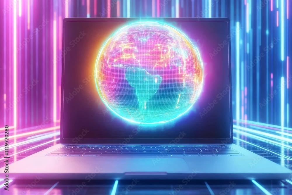Poster futuristic laptop displaying a vibrant digital globe surrounded by neon light strips in a dynamic te