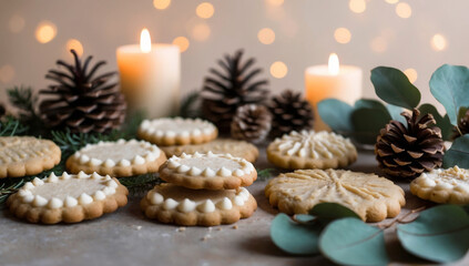 Plate of cookies with a candle in the background, decorated with icing. Scene is cozy and festive, perfect for the holiday season. Homemade baked goods made from eco-friendly, natural products.