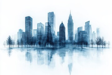 Fototapeta premium Serene Cityscape with Reflections in Calm Waters on White Background
