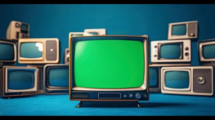 A collection of retro television sets with a large TV in the foreground featuring a green screen for editing or design purposes.