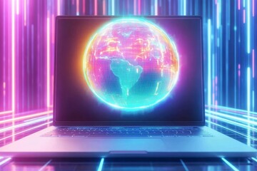 Futuristic Laptop Displaying a Vibrant Digital Globe Surrounded by Neon Light Strips in a Dynamic Tech Environment
