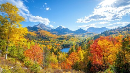 Breathtaking Aerial View of Majestic Mountain Range Showcasing Vibrant Autumn Colors of Red, Orange, and Yellow with a Serene Lake in the Midst of the Scenic Landscape