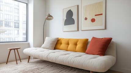 Modern Urban Apartment Interior Showcasing Plush Sofa with Colorful Cushions and Minimalist Artwork