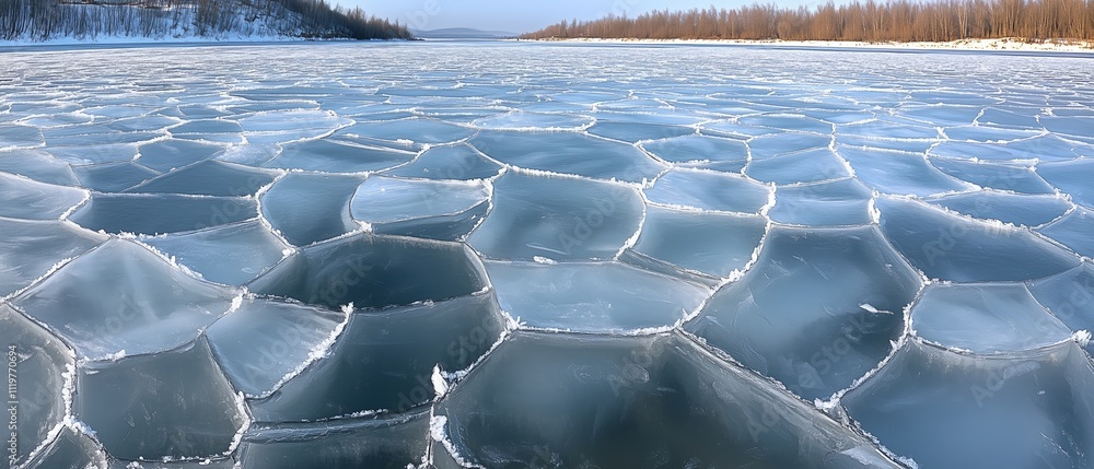 Poster large body of water with a lot of ice on it. the ice is in various shapes and sizes, and it covers t