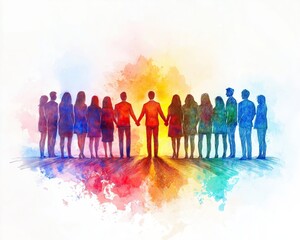 A pastel-drawn group of diverse professionals looking toward a central figure with guiding hands, symbolizing teamwork and visionary leadership.