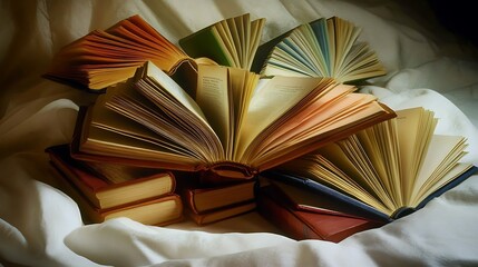 Naklejka premium A collection of open books arranged artistically on a soft surface, showcasing their pages.