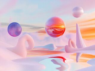 Surreal dreamscape with floating spheres and abstract shapes in pastel colors at sunset.