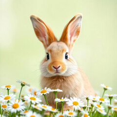 Big brown rabbit in a spring meadow with flowers