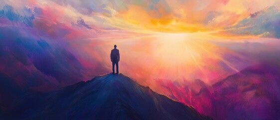 A pastel abstract of a leader standing at a peak, overlooking a vast landscape with rays of light emphasizing vision and mastery.