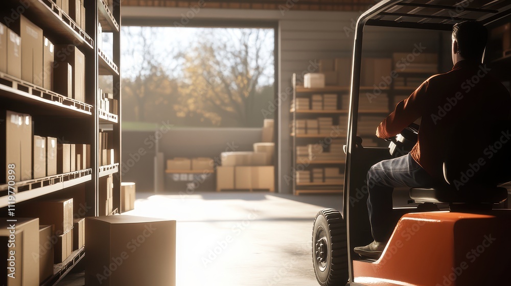 Poster warehouse scene featuring a forklift operator in a bright space filled with cardboard boxes and a re
