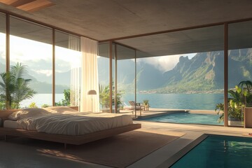Luxurious open plan bedroom floor to ceiling windows