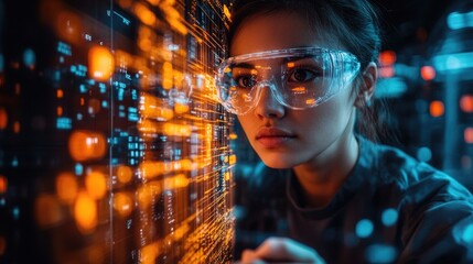 A woman wearing safety glasses looks at a computer screen, possibly programming or debugging