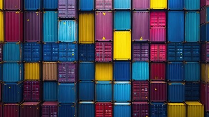 Fototapeta premium Drone shot of shipping containers in neat rows at a port, international freight management 