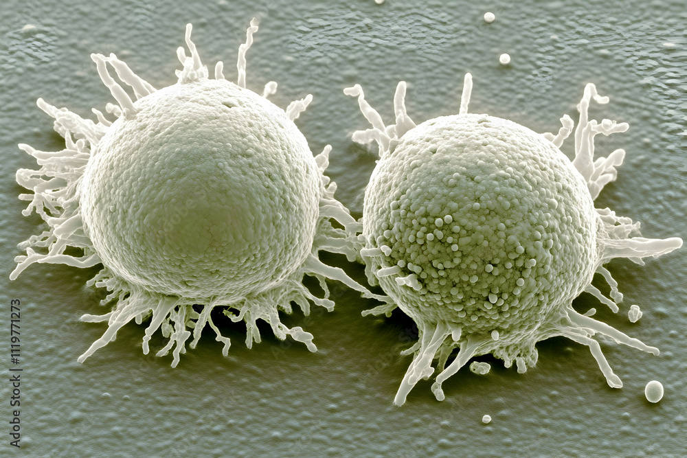 Poster close-up of two cells under a scanning electron microscope.