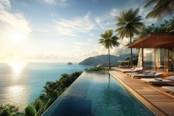 Luxurious tropical villa infinity pool overlooking ocean palm trees