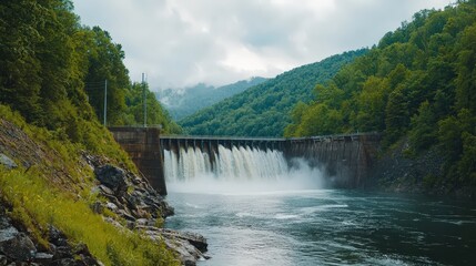 Fototapeta premium Atmospheric View of Hydroelectric Dam Surrounded by Lush Greenery and Mountains, Captured in Standard Gigapixel Quality, Evoking Calm and Natural Beauty