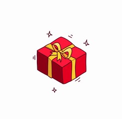 red gift box, illustration on white background, ribbon birthday 