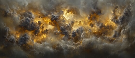 Large, dark, and stormy sky with a bright orange cloud in the middle. The sky is filled with clouds and the orange cloud is the center of attention. Scene is intense and dramatic