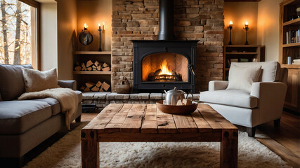 A cozy living room with a crackling fireplace, a soft rug, and a steaming mug of tea on a wooden coffee table, surrounded by warm, inviting décor.