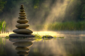 Obraz premium A stack of rocks sitting on the surface of calm water, possibly in a lake or ocean