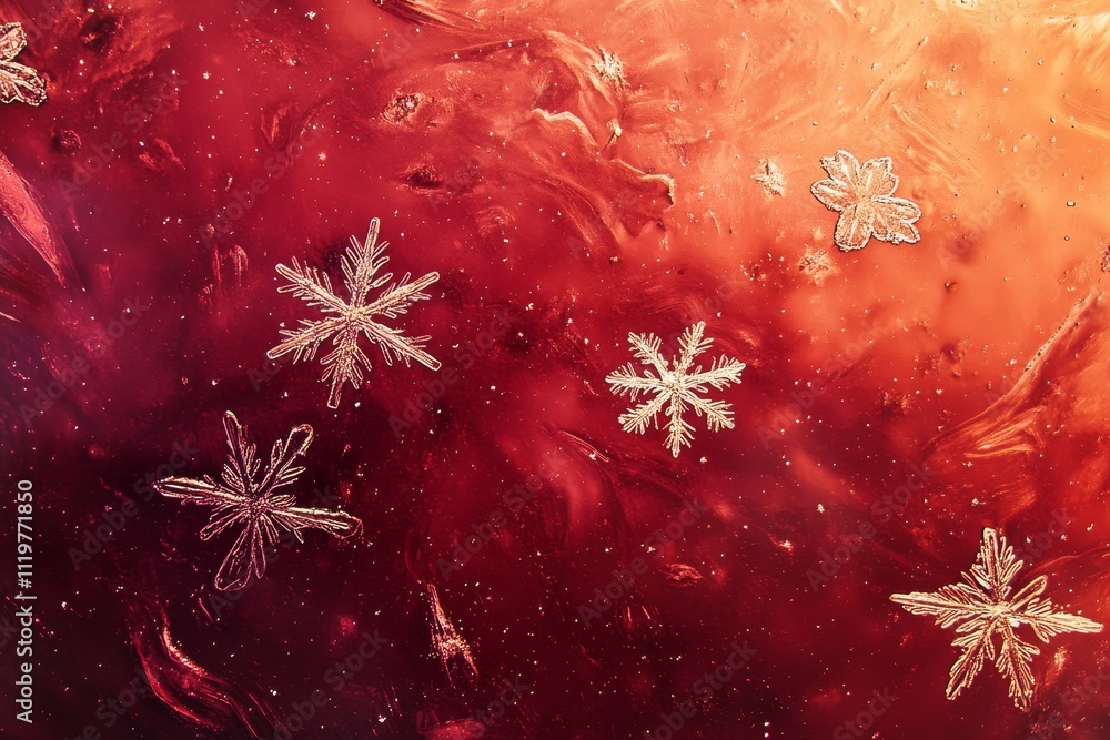 Poster unique close-up of ice patterns with delicate snowflakes on a colorful background of red and orange 