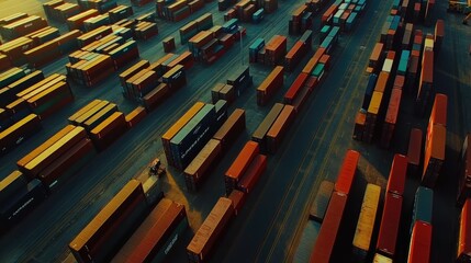 Drone shot of shipping containers in neat rows at a port, international freight management 