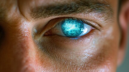Closeup of a Male Human Eye with HUD Hologram Futuristic Ophthalmology and Biometrics