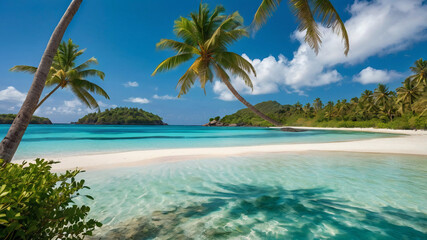 A serene tropical island with turquoise waters, soft white sandy beaches, and lush palm trees swaying in a gentle breeze under a bright blue sky.