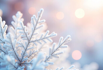 Large snowflakes on frosty branches in winter