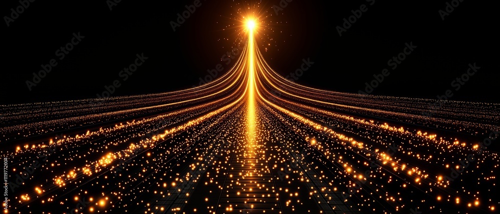 Poster long line of glowing lights that look like a christmas tree. the lights are scattered all over the i