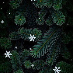 Green branches of a fir tree with snowflakes on a dark background