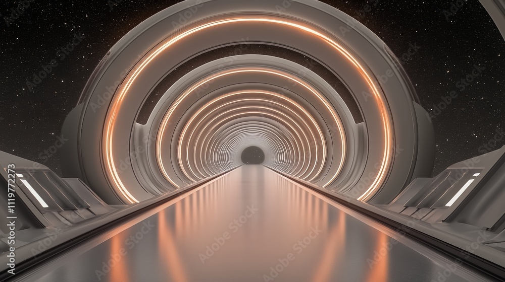 Poster long, narrow tunnel with a bright orange glow. the tunnel is empty and he is a part of a futuristic 