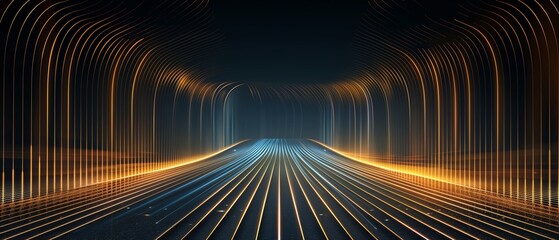 Fototapeta premium Long, narrow hallway with orange and blue lights. The lights are arranged in a way that creates a sense of depth and movement. The hallway appears to be a part of a futuristic or sci-fi setting