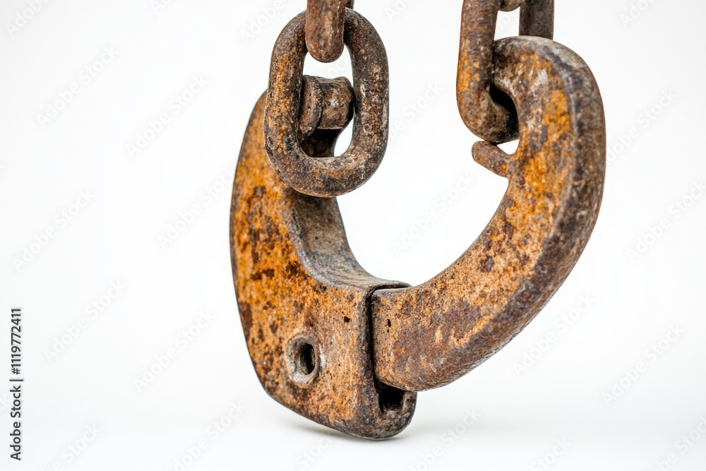 Poster a rusty metal hook with a chain attached, often used for hanging or lifting objects