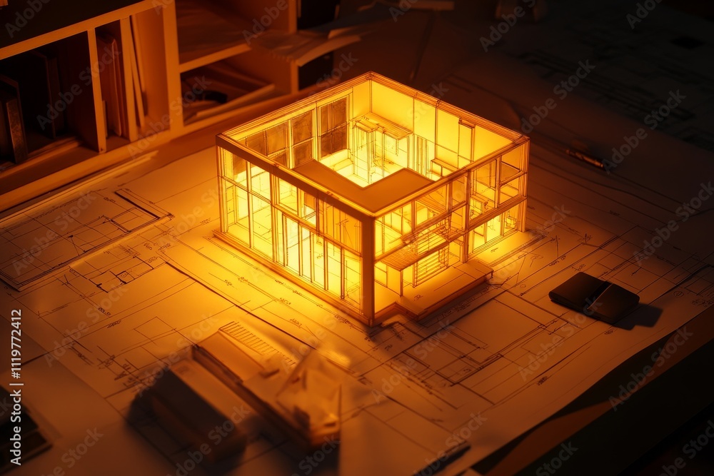 Poster illuminated architectural model on construction plans highlighting modern design elements and innova