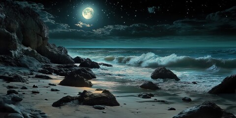 Obraz premium Nighttime Ocean Waves Crashing on Rocky Shore Under Full Moon