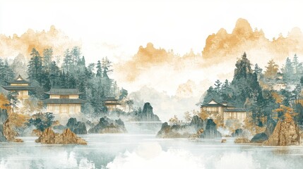 Fototapeta premium Serene Asian Ink Wash Painting Misty Mountains, Traditional Buildings, and Dreamlike Scenery