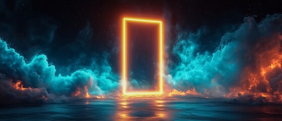 Neon orange and blue lighted box is in the middle of a dark sky. The sky is filled with clouds and the water is calm. The image has a futuristic and mysterious feel to it