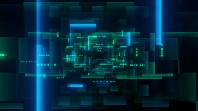 Abstract futuristic 3D with stacked squares and glowing lights. The camera keeps moving forward.