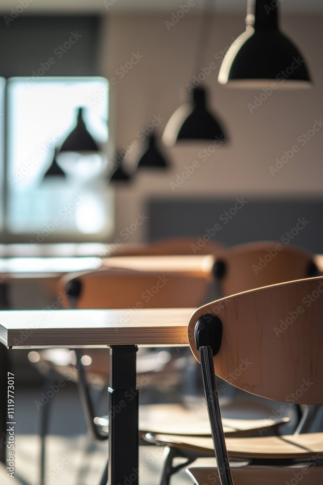 Poster a simple setup with rows of tables and chairs, ideal for office or meeting space