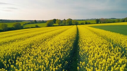 Fototapeta premium Expansive Field of Yellow Rapeseed Blossoms Under Clear Sky in Countryside Setting